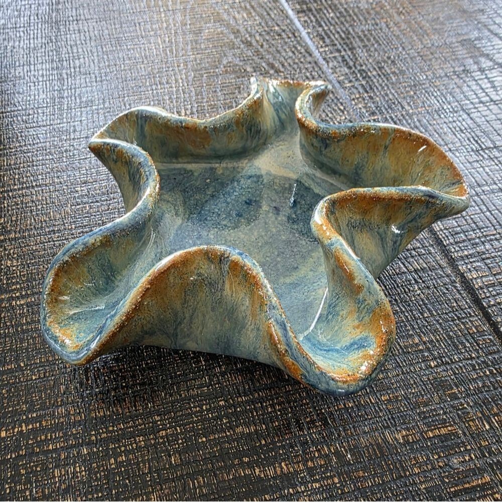 Glazed Wavy Handmade Blue Brown Trinket Bowl Catch All Small